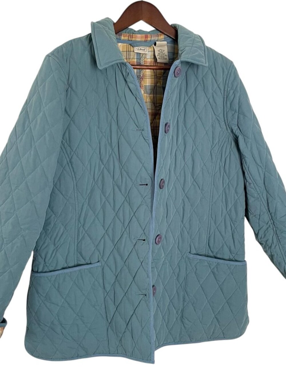 Vintage LL Bean Quilted Barn Chore Coat Large L Blue W/ Plaid Lining Jacket - Picture 2 of 6